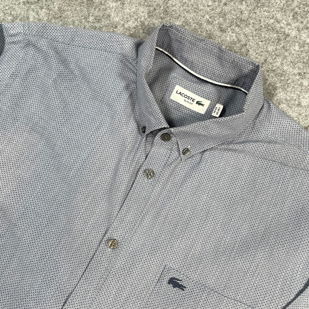 Lacoste Mens Button Down Shirt 18.5 Blue Micro Print Slim Fit Long Sleeve